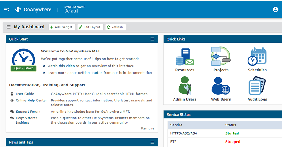 Screenshot of simplified administration section in GoAnywhere MFT