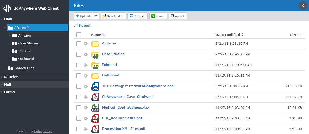 Screenshot of GoAnywhere MFT Secure Folders
