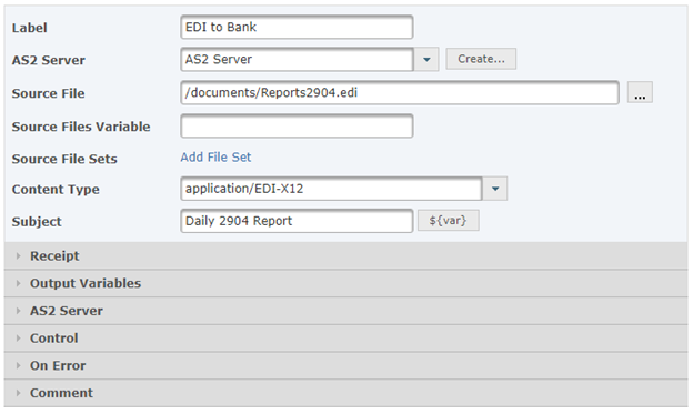 Screenshot of AS2 Task for Sending Secure EDI