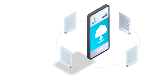 Graphic of mobile phone with files circling it