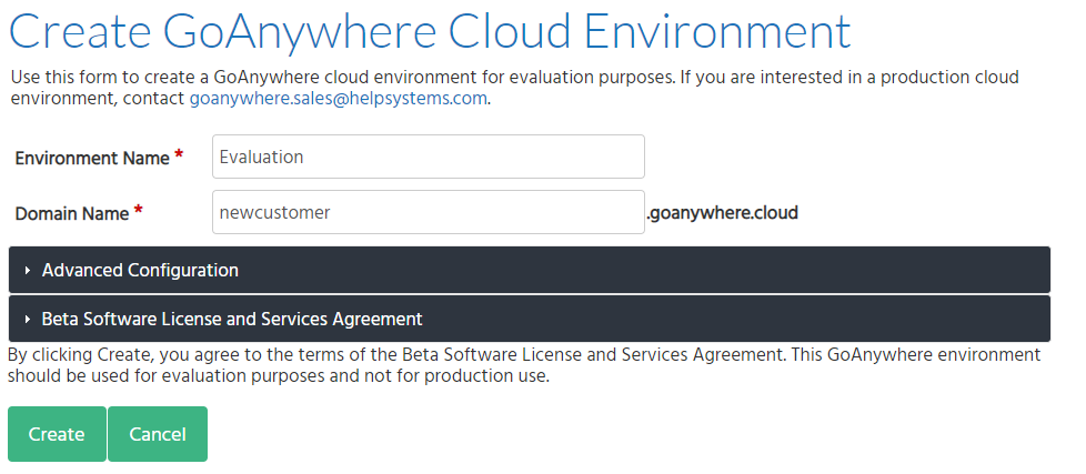 Create GoAnywhere Cloud Environment