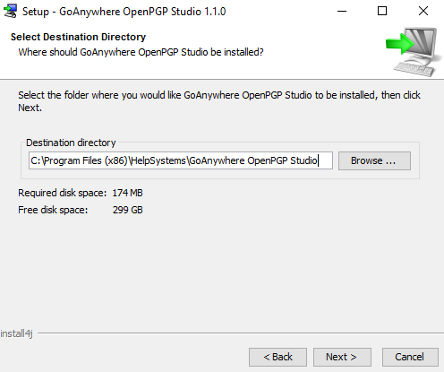 Windows Installation Select Destination - GoAnywhere Open PGP Studio