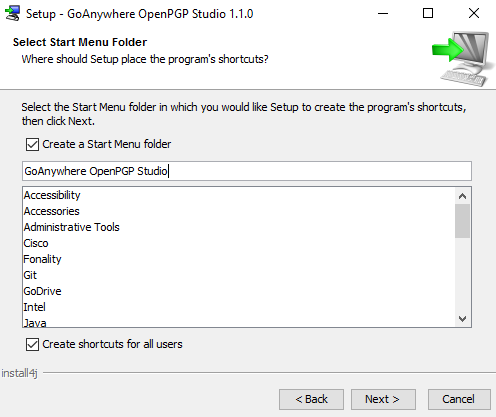 Windows Installation Start Menu - GoAnywhere Open PGP Studio