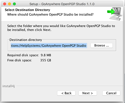 Mac OS X Installation Select Destination - GoAnywhere Open PGP Studio