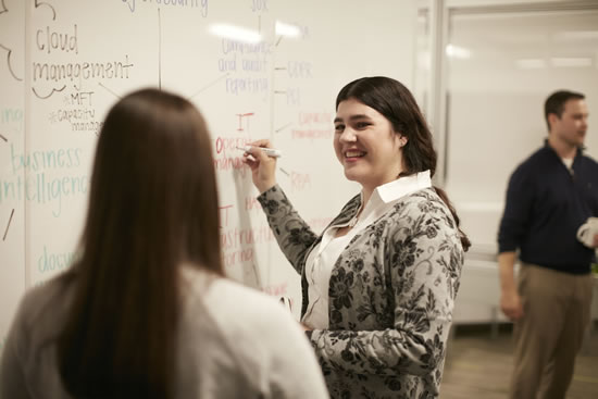 Fortra employee mapping out a project in discussion