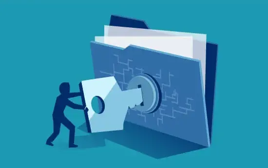 Illustrated figure turning a key in a file folder