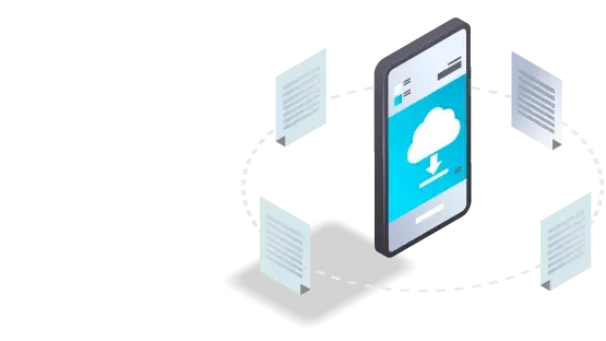 Graphic of mobile phone with files circling it