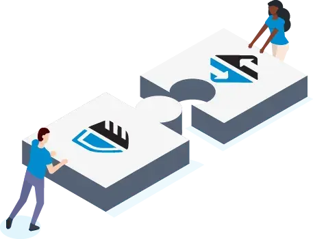 Two connecting puzzle pieces with the GoAnywhere and Clearswift logos on them