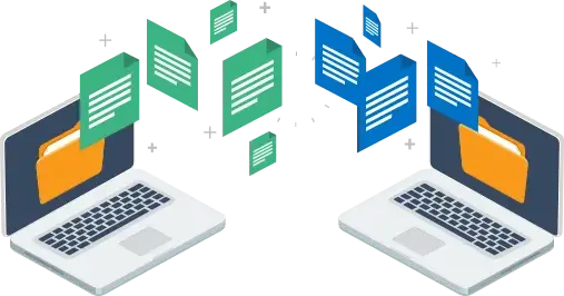 Two illustrated laptops with files floating between them