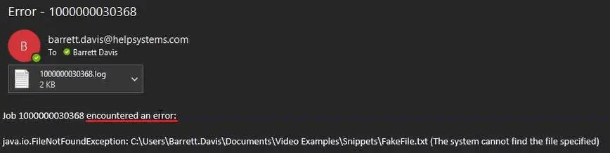 Screenshot of error message on the email after altering
